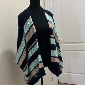 O/S fits all. Striped Open-Front Sweater - Navy, Beige, and Light Blue